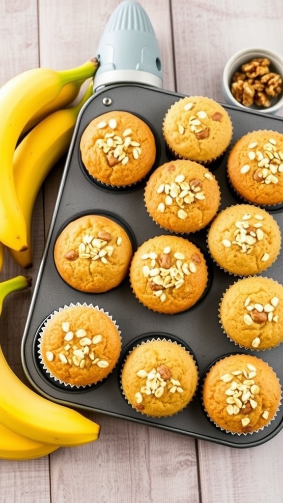 A tray of vegan banana muffins with oats on top, surrounded by ripe bananas and walnuts on a rustic table.